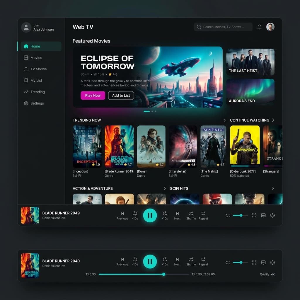 Web TV Dashboard mockup showing featured categories and modern movie catalog UI